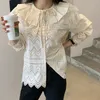 Spring Sweet Hollow Out Embroidery Lace Shirts Women Korean Peter Pan Collar Tops Cotton Long Sleeve Ruffled Woman Blouses 12717 210518