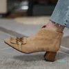 Botas de otoño 2021 para mujer, gamuza de oveja, flecos, cremallera en el tobillo, tacón alto grueso, punta cuadrada, cadena, borla, moda moderna para mujer