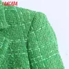 Tangada Женщины Двухбордовые Зеленые Tweed Blazer Пальто Винтаж Длинный Рукав Офис Леди Верхняя Одежда BE611 210609