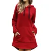 Women Loose Long Hoodie Solid Red Sweatshirt Hoodies Fashion Casual Autumn Pocket Drawstring Sleeve Dress Female 210910