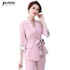 Roze Broek Pak Vrouwen Zomer Professionele Halve Mouw Slanke Blazer en Broek Kantoor Dames Mode Casual Werkkleding 210604