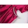 Claret Waist Hollow Out Sexy Women Dress French Vintage Elegant Temperament Square Collar Puff Sleeve Ladies Evening 210515
