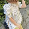 Einfache Stehkragen Puff Halbarm Schulterknopf Hemden Süße Japan Stil Polka Dot Bluse Frauen All Match Blusas Mujer Moda 210525