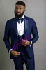 Wysokiej jakości jeden przycisk Navy Blue Groom Tuxedos Peak Lapel Wedding / Prom / obiad Groomsmen Mężczyźni Garnitury Blazer (Kurtka + Spodnie + Kamizelka + Krawat) W1403