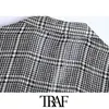TRAF Women Fashion met Pockets Oversized Houndstooth Blouses Vintage lange mouw Side Slees Hem Vrouwelijke shirts Chique Tops 210415