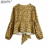 Mulheres Sexy Profunda V Neck Leopard Imprimir Curva Amarrado Blusa de Smock Feminino Buff Manga Kimono Camisas Chic Blusas Tops LS7652 210420