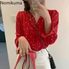 Nomikuma liefde hart patroon koreaanse stijl shirts vrouwen v-hals lange mouw chiffon blouse vrouwelijke enkele breasted koreaanse blusas 210514