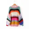 Zoete regenboog gestreepte trui vrouwen mode o-hals losse truien schattige meisjes contrast kleuren chic jumpers 210531