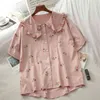 KIMUTOMO Vintage blouse Sweet Girls Peter Pan Collar Floral Borduurwerk Enkele Breasted Shirt Shirt Zomer Mode 210521