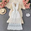 Sexy Deep V-neck White Lace Dress Women Elegant Summer Sleeveless Hollow Out Slim Waist Open Back Bohemian Beach Maxi 210603