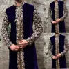 Ethnic Clothing Muslim Fashion Arab Men's Jubba Thobe Kaftan Dress Stand Collar Gold Print Gentle Islamic Male Abaya 2021 Caftan