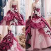 Vestidos de fúcsia quinceanera com apliques de renda decote em coração coreso traseiro traseiro Flores artesanais Prom com mangas de 16 anos vestido de bola de noite vestido 403 403