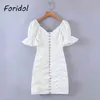 Puffärmel, figurbetontes weißes Kleid für Damen, elegant, gerüscht, Sommer, Strand, kurz, Vintage, V-Ausschnitt, Urlaub 210427