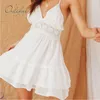 Summer Women Mini Spaghetti Strap White Lace Ruffle Short Tunic Beach Dress 210415