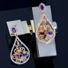 Multi Purple Pink Green Color CZ Crystal Water Drop Indian Gold Vintage Flower Long Dangle Earrings for Women CZ413 210714