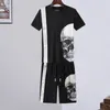 Kafatası Tasarımcısı T Shirt + Pantolon 2 Parça Setleri Erkek Yaz Eşofmanlar Rahat Punk Katı Kristal T-shirt Baskı Mektubu Tee Kaykay Giyim Kısa Kollu 100% Pamuk Tops