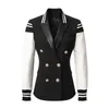 Patchwork Double Breasted Stripes Jacket Black Women Preppy Style Fashion PU Leather Splicing Lapel Neck Long Sleeve Sim Coat Plus Size Autumn Winter