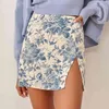 Sommar stor blå blommig tryck kvinnor en linje kjolar streetwear hög midja chiffong hajuku tillbaka dragkedja mini kjol 210529