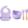 Aspirazione Bavaglino + Ciotola Cucchiaio Forchetta Stoviglie in silicone per bambini Ciotola per cucchiaio in silicone con manico in legno Ciotola per la cena in silicone per bambini