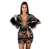 Femmes mode imprimé plumes robe col en v profond à manches longues discothèque étincelle paillettes Mini belles filles