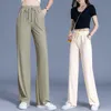 Kadınlar Yaz Buz Ipek Ince Düz Pantolon Rahat Yüksekliği Bel Geniş Bacak Kadın Gevşek Uzun Pantolon Artı Boyutu 4XL 210423
