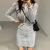 Women Black White Plaid Knitted Button Jacket Empire Mini Skirt Elegant Two Pieces Set T0313 210514