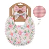 Baby bib double-faced Bibs grid printing burp cloth Cotton flax Bow headband Hair accessories Infant Set 3 Pieces kids Gift Sets wmq890