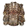 VGH Support Leopard Print Chiffon Blouse Женщины кружевшие лук шеи слойки с длинным рукавом свободные вершины женские винтажные мода весенняя одежда 210421