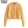 TRAF femmes mode bejeweled bouton recadrée câble-tricot Cardigan pull Vintage à manches longues vêtements de dessus pour femmes Chic hauts 210415