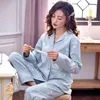 Mujeres 100% pijamas de algodón PJ invierno otoño mangas largas con botones estampado pijamas ropa de dormir pura conjunto 2 unids pijama femme 210809