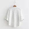 Women Polka Dot Stand Collar White Blue Bow Flare Sleeve 3/4 Three Quarter Chiffon Shirt Blouse B0081 210514