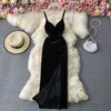 Gaganight vintage sling tube top v-hals solide vestidos sexy elegante slanke kant split jurken midden-kalf mouwloze dame feestjes 210519
