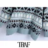 TRAF Women Fashion Oversized Jacquard Stickad Sweater Vintage High Neck Långärmad Kvinna Pullovers Chic Toppar 210415