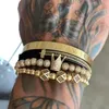 Pulseira trançada tecida à mão dourada hip-hop masculina cz zircon coroa numeral romano joias bangle325o