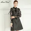 Robe de créateur de mode d'été femmes sexy maille noire dentelle patchwork manches longues imprimé floral a-ligne mini robes 210524
