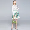 Spring Summer Fall Casual 2 piece Set Women Loose White Shirt Top and High Waist Green Floral Print Pleated Skirts Suits 210416