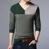 Homens Pulôver Moda V Pescoço Primavera Outono Slim Fit Malha Retalhos Listrado Sweater Masculino Casual Jumpers Outwear Full Sweater 211006