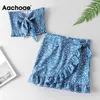 Sexig Blommig Print Beach Party Två Piece Set Kvinnor Bow Sheath Lady Crop Tops Ruffles A Line Mini Skirt Conjuntos de Mujer 210413