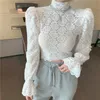 Wiosna Rękaw Puff Koronki Biała Bluzka Koszule Turtleneck Casual Solidna Koszula Topy Kobiet Krótki Seksowny Crop Top Kobiety Blusa 12710 210512