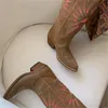 Brown Pointed Boots Winter Women's Toe Suede Western Cowboy broderad tjock häl knähög ryttare 70047