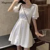 Été Blanc Mini robe femmes femmes manches bouffées de style coréen fée mousseline mousseline dames kawaii élégante fête vintage es 14556 210512