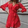 Kobiety Floal A-Line Sukienka Sweet Dot Autumn Sukienki Ruffles V-Neck Bandaż Długim Rękawem Sukienka Dla Lady Elegancka Mini Dress Vestidos Y1204