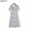 Mulheres elegante plissado V Neck Slow Sleeve Floral Impressão Casual Midi Dress Femme Vestido Vestido Vestidos DS8216 210416