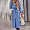 Dameswol Blends Fashion Herfst Winter Solid Long Coats Vintage Turn-Collar Sleeve Pocket Cardigan Casual Office Lady Bandage Overjassen
