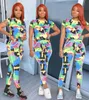 Camouflage Print Two Piece Set Women Tracksuit Club Outfits Short Sleeve T- Shirt Pants Lounge Sweat Suits Jogging Femme 210525