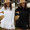 Women Solid Lace Shirt Dress Spring Elegant Ladies Stand Collar Hollow Out Single-Breasted Cascading Ruffles Mini Dresses 210409