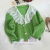Korobov Sweater Coat Female Lace Stitching Lotus Leaf Collar Fake Two Pieces Loose Sweet Wave College Style Cardigan Knitted Top 210430