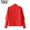 TRAF Women Fashion Single Button Blazer Coat Vintage Gigot Sleeve Pockets Female Outerwear Chic Tops 210415