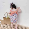 Baby meisje zomer rompertjes met boog hoofdband peuter bloem print kleding zuigeling ruches schattige romper geboren jumpsuits 210429