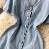 Women Fashion Retro Denim A-line Mini Dress Summer V-neck Button-down Short Sleeve Solid Color Korean Vestidos S045 210527